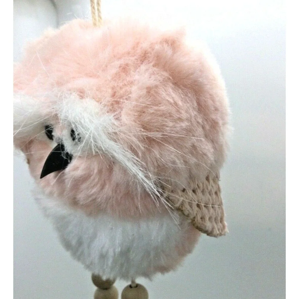 Pink‎ Fuzzy Owl Christmas Tree Ornament Wooden Legs White Bushy Eyebrows